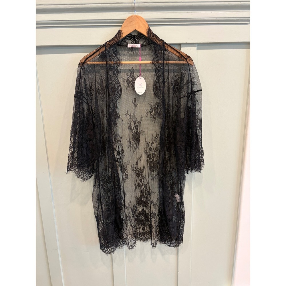 Avidlove Black Sheer Floral Lace Kimono Robe Eyelash Trim Lingerie Cover Up NWT